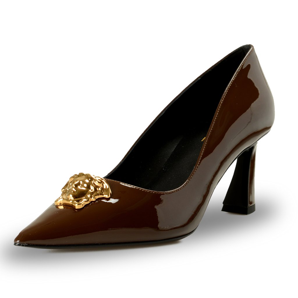 Versace Women's Gold Medusa Chocolate Patent Leather Pump Shoes Us 7 It 37